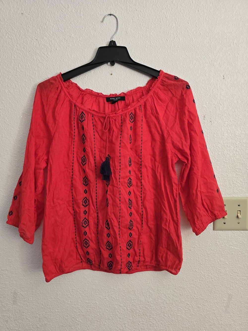 Nine West Red Embroidered Peasant Top